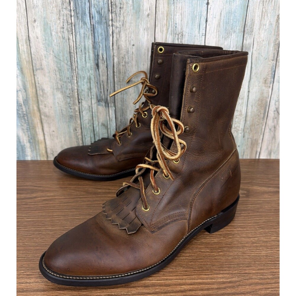 Vintage Justin Mens 9 B Brown Leather Kiltie Lace Up Roper Boots 545 USA Narrow